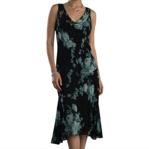 Vintage Ethereal Y2k 90s Beaded Floral Rose Black and Green Sleeveless Dress